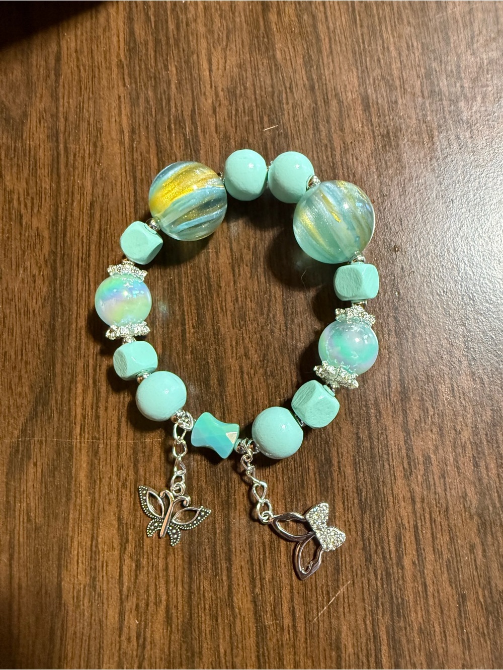 Mint Beaded Stretch Bracelet with Butterfly Charms